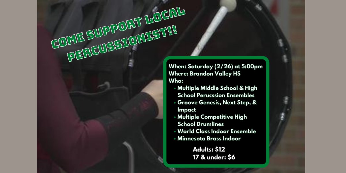 SuFuDu's tweet photo. Come to Brandon Valley HS this Saturday (2/26) to support a number of great percussion ensembles &amp; competitive drumlines! This is BV's first time hosting this event and they created a great platform for percussionists to take the floor and display their talents. See you there!! https://t.co/pilHIZJtQS