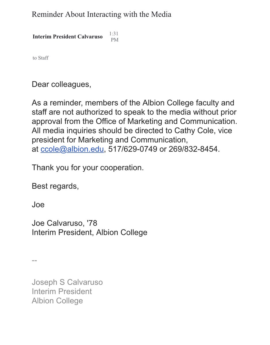 RogueAlbion's tweet photo. So it ain’t entirely so, Joe? Now the @albioncollege faculty (but not staff) can enjoy free speech? Of course, your last email did say “…faculty and staff are not authorized to speak…” so it wasn’t mistakenly sent to faculty. It was just wrong. #SayItAintSoJoe #AlbionLies https://t.co/QCqNl9LUAf