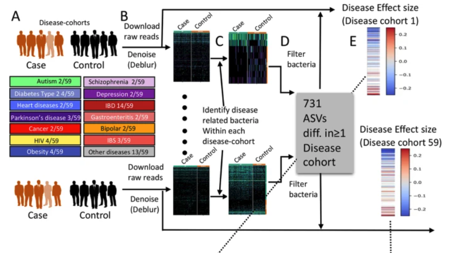 HabermanLab's tweet photo. 3/6
To overcome the cohort/experimental pipeline differences, we performed a case-control comparison within each disease cohort, identifying the ASVs changing in each disease, and combined the per-bacteria change across all cohorts. https://t.co/2UjMqelq0U