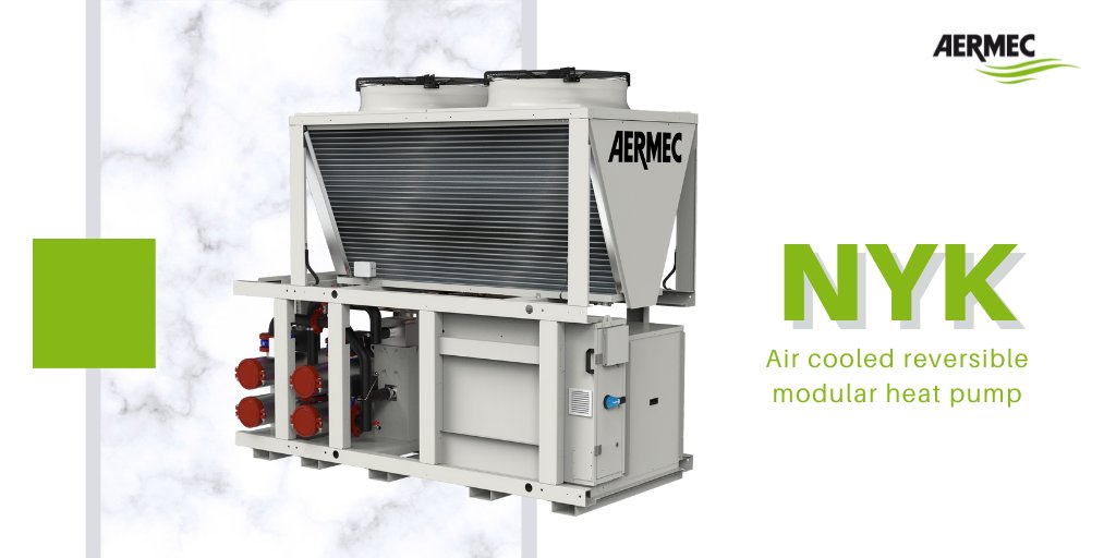 NYK is an air cooled reversible modular heat pump for the production of chilled or hot water designed to satisfy the needs of residential, commercial, or industrial applications. Production of hot water up to 149°F with vapor injection compressors that allow for DHW production