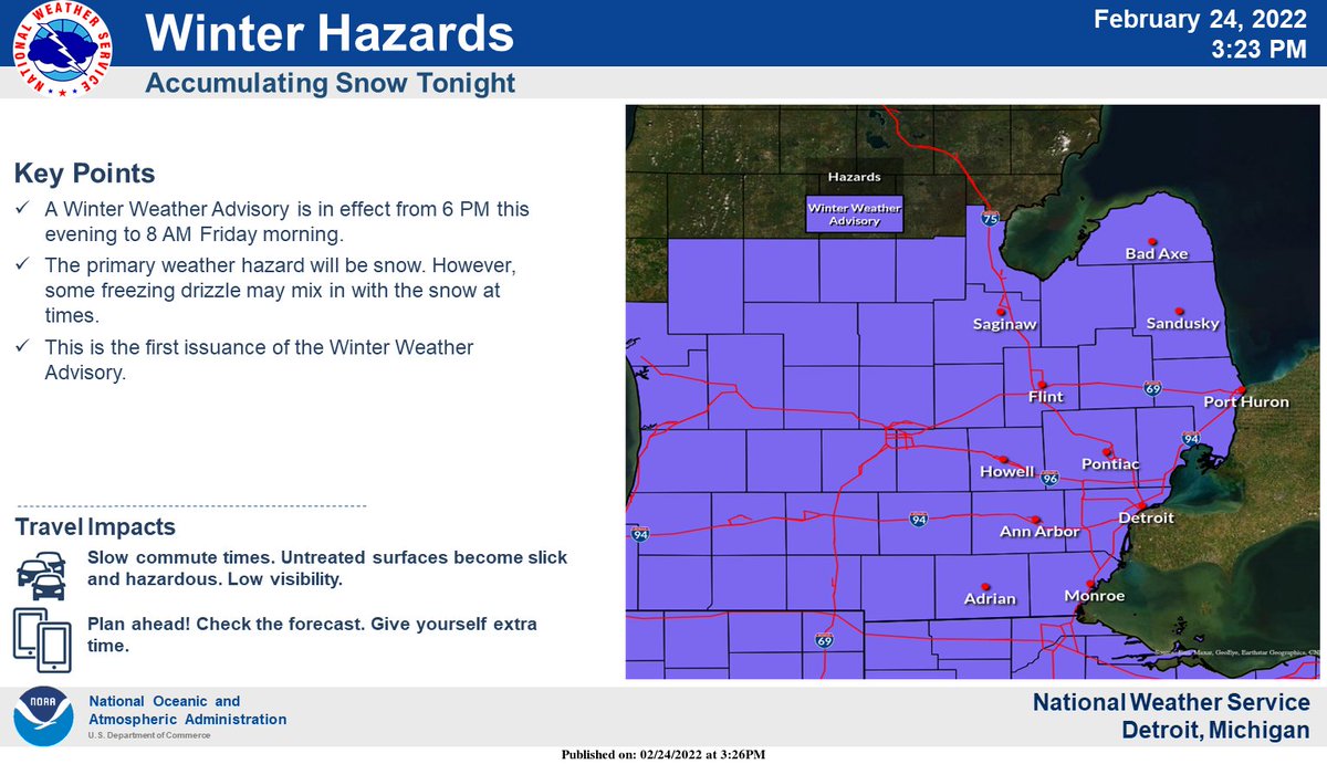 NWSDetroit's tweet photo. A winter weather advisory is in effect for all of Southeast Michigan tonight. #miwx https://t.co/hTkM3R8hSU