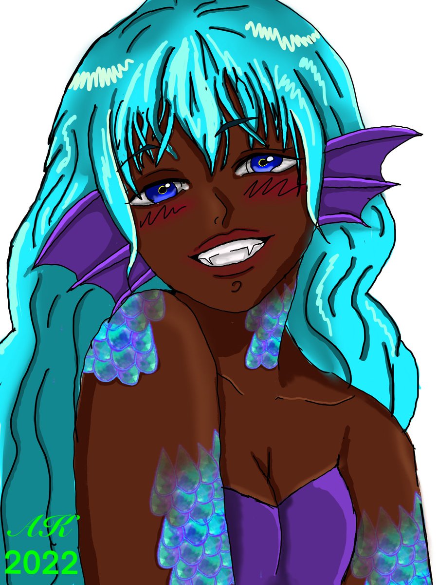 NeferDoodles's tweet photo. I tried another different style. I used to do Manga/Anime style when I was younger; it seems some things never leave you. 

#artontwitter #merrow #mermaid #mangaart #animeart #bluehair #scales #purplefish #mangafish https://t.co/YKBAUtYURr