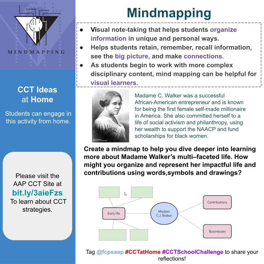Madame C. Walker was a successful African-American entrepreneur and is known for being the 1st female self-made millionaire in the U.S. Search PebbleGo/Myon to learn more about her story as a social activist &amp; philanthropist and create a visual mindmap of her multi-faceted life.