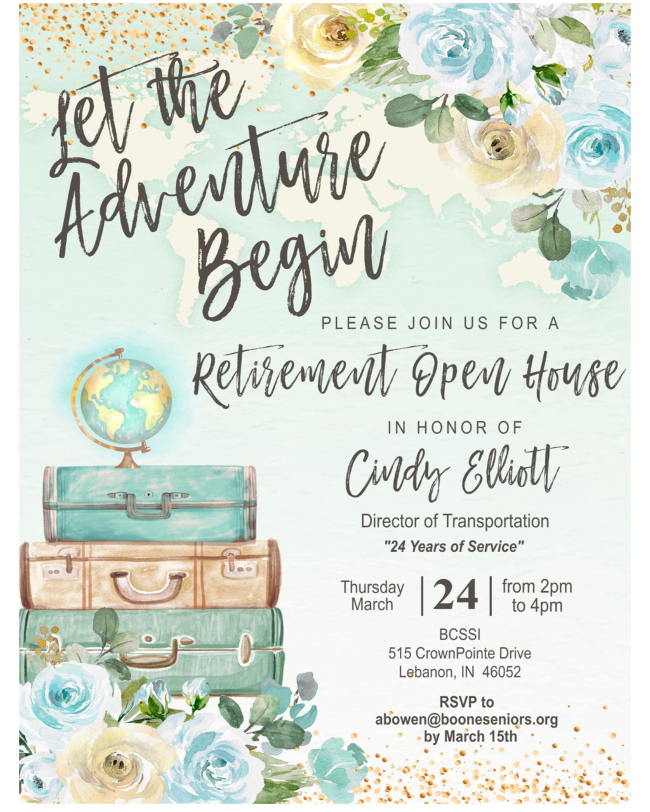 Bocoseniors's tweet photo. A grand adventure is about to begin for Cindy Elliott, BCSSI Director of Transportation... Join us as we celebrate Cindy's retirement March 24 RSVP to 765-482-5220.
#lettheadventurebegin✈️ #retirement #24yearsofservice #BCSSI #ConnectingGenerations https://t.co/3d0IqxM20i