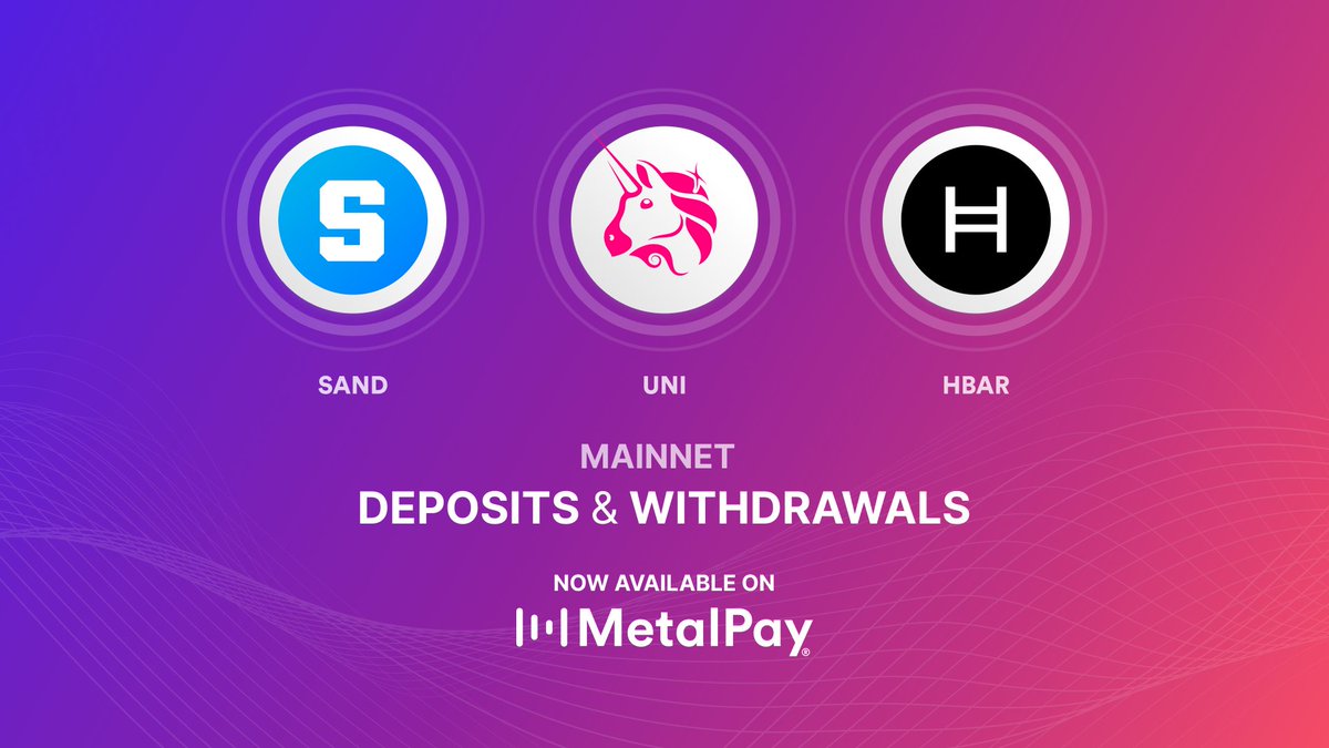 metalpaysme's tweet image. You asked, we listened. 🤘
Mainnet deposits &amp;amp; withdrawals are now live for $HBAR, $SAND, and $UNI!
We're always listening to our community! Which tokens would you like to see on Metal Pay with mainnet next?

@hedera @TheSandboxGame @Uniswap