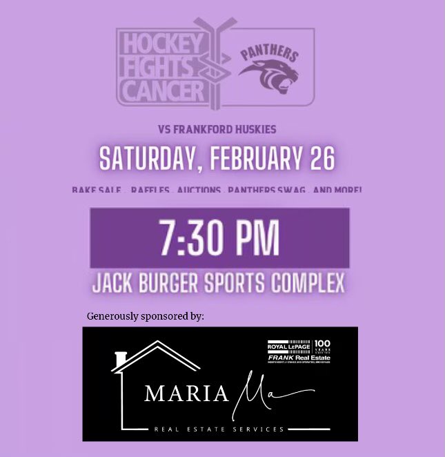 PHPanthersPJHL's tweet photo. 🟣🏒We all have people in our lives who has been impacted by cancer.  This Saturday, we will be playing for those people. Join us in our fight. #hockeyfightscancer https://t.co/wb9keajIWs