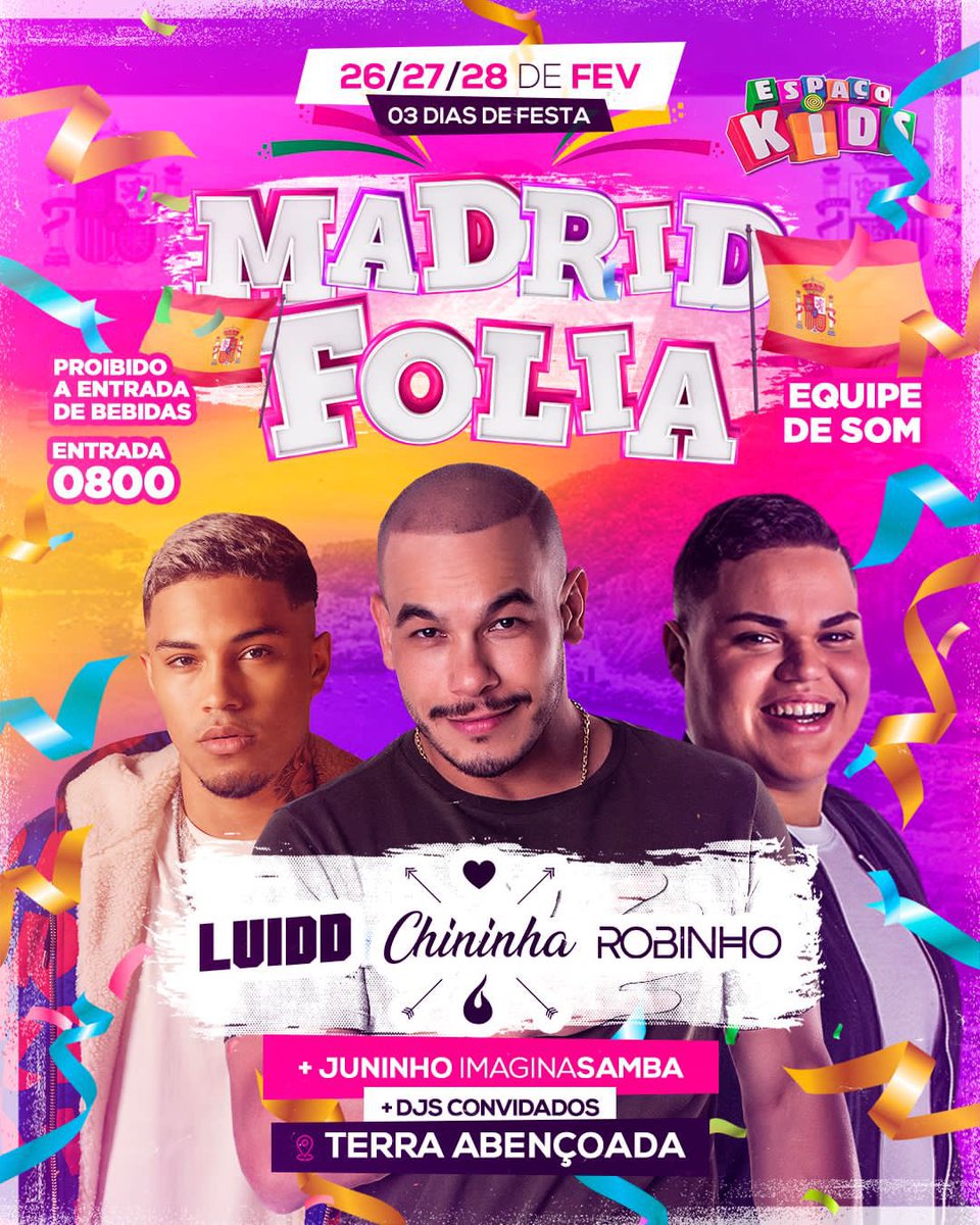 2tcp5's tweet photo. A PARTIR DE SÁBADO ÀS 17H TEM MARATONA EM MADRID COM CHININHA, ROBINHO, LUIDD &amp; JUNINHO DO IMAGINASAMBA, COM EQUIPE DE SOM e ESPAÇO KIDS!! 
.
ENTRADA 0800 
Proibido entrada de Bebidas. 
🇪🇸 https://t.co/c97yJyADHS