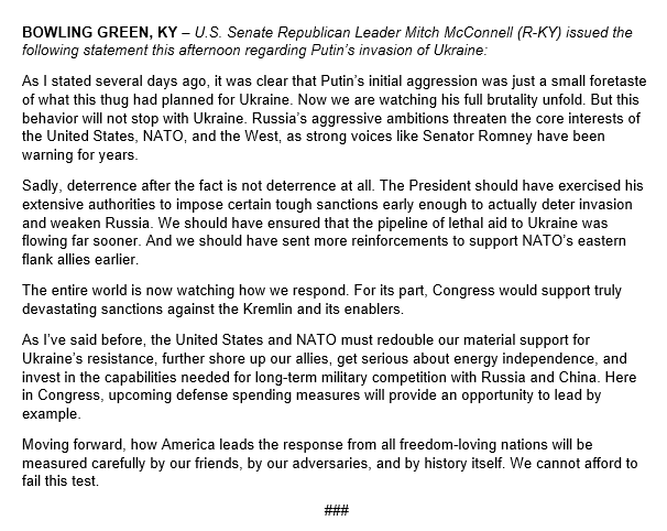 SenMcConnell's tweet photo. Putin’s initial aggression was just a small foretaste of what this thug had planned for Ukraine. America’s response will be measured carefully by our friends, by our adversaries, and by history itself. We cannot afford to fail this test. My full statement: https://t.co/rNa3IPatxH