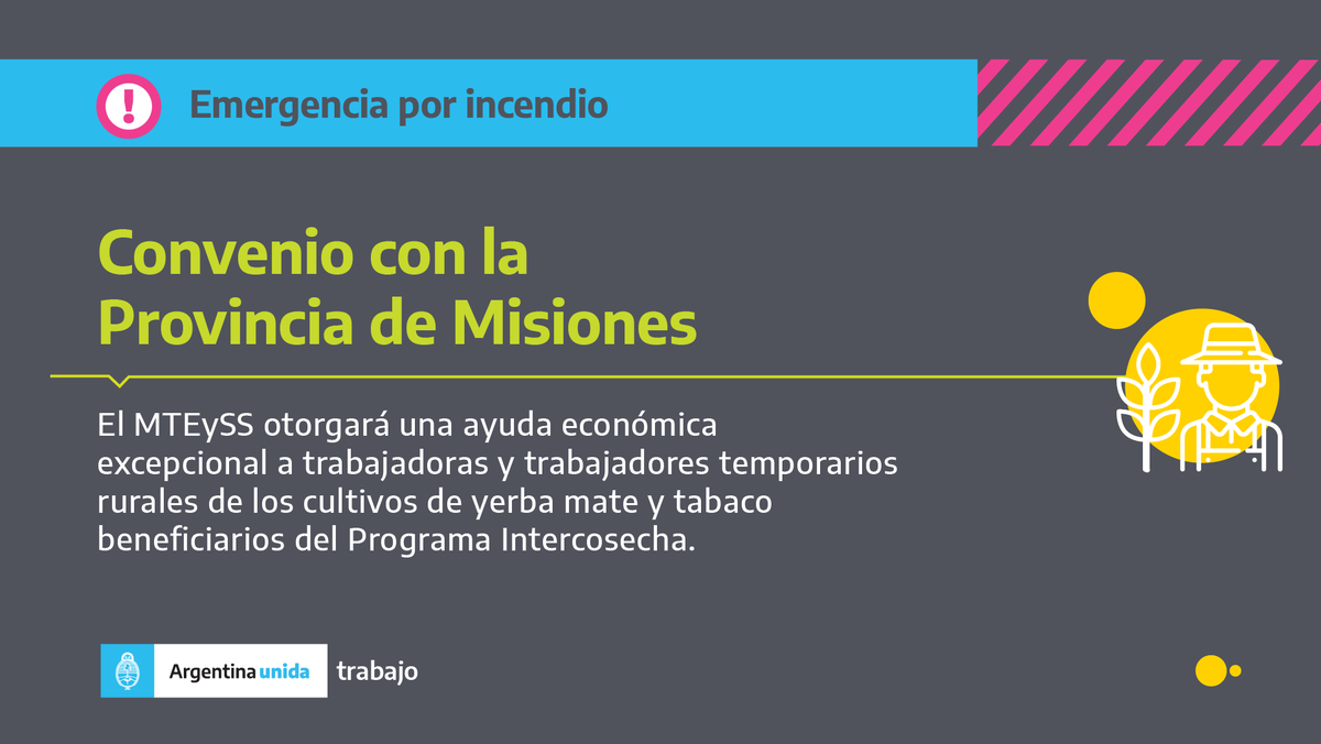SecTrabajoAR's tweet photo. 📣 Ayuda económica excepcional para trabajadoras y trabajadores rurales de #Misiones.
Será otorgada para las y los beneficiarios del programa #Intercosecha 👩🌾
Conocé más acá ⬇️ https://t.co/31M32hcKdC