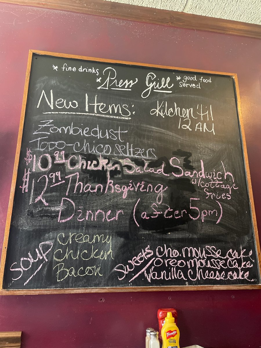 pressgrill's tweet photo. If you're looking to reengage with some old faves for lunch or dinner, CHICKEN SALAD CLUB + THANKSGIVING DINNER (after 5 pm) are on special today. It may also help to know we serve all day UNTIL MIDNIGHT. Swing by to eat, or dial 298-1014 and order from the FULL BAR W/ TAKEOUT..! https://t.co/mUu8o2dTs8