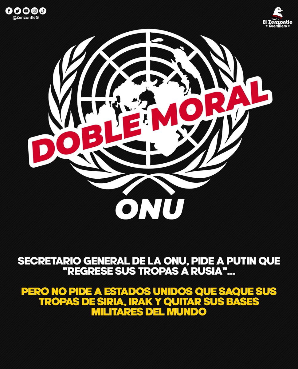 El secretario general de la #ONU a #Putin le pide que regrese sus tropas a Russia pero olvida pedir a #EEUU que saque sus tropas de Siria, Irak, y quitar sus bases militares en todo el mundo. 
Calla sobre la ocupación Israelí en Territorios Palestinos