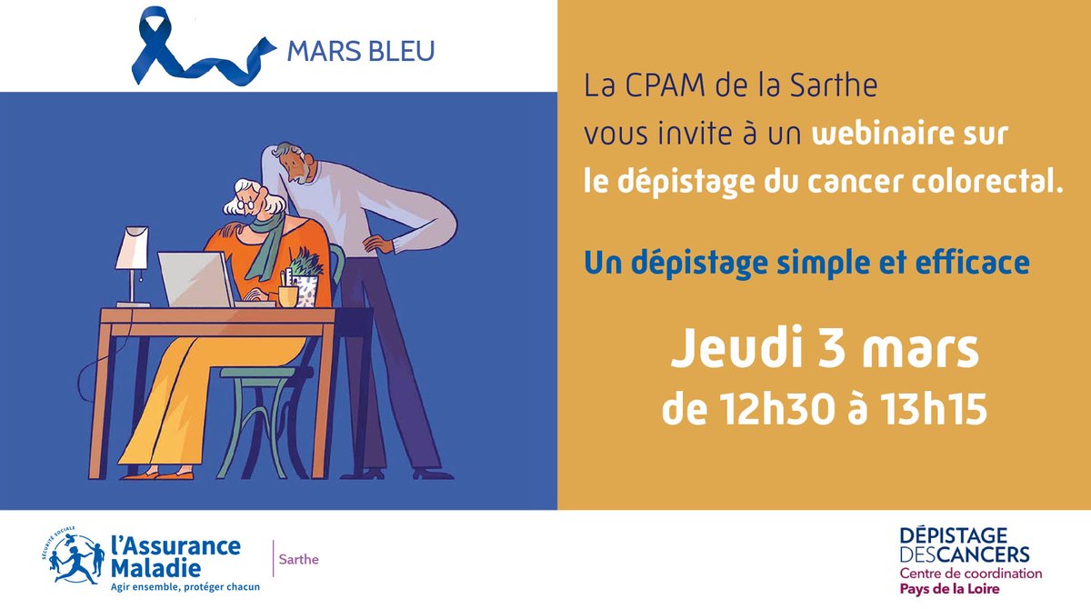CPAM_72's tweet photo. Le cancer colorectal est le second plus meurtrier avec 17 000 victimes par an. Un dépistage simple et gratuit est proposé aux assurés de 50 à 74 ans.  La CPAM de la Sarthe et #CDCDCPaysdelaLoire proposent un webinaire pour tout savoir sur le dépistage👉https://t.co/w53We6Lerd https://t.co/KxkFMWrQiZ