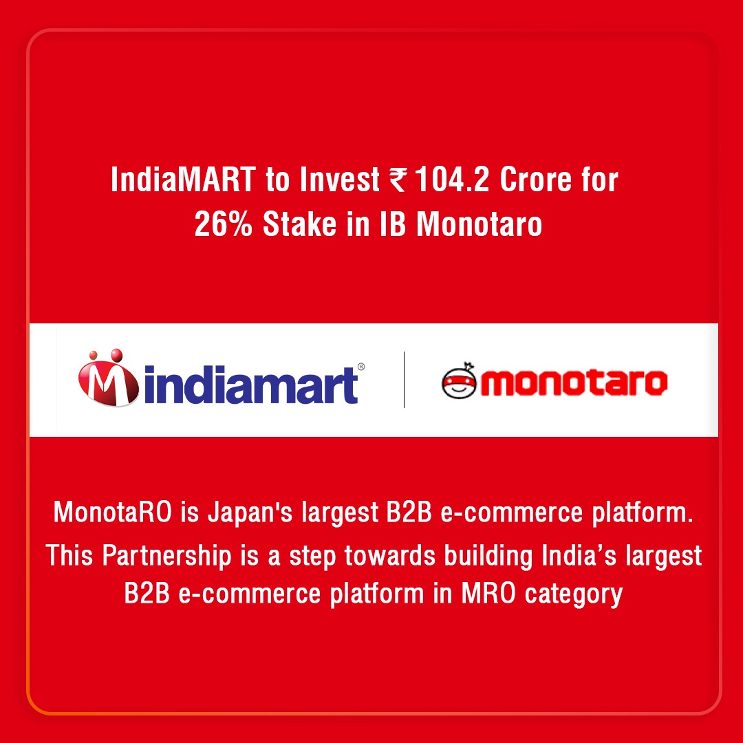 IndiaMART (@indiamart) on Twitter photo “Category experience of MonotaRO combined with the IndiaMART's leverage over buyers and suppliers in the domestic market will help in the future growth and expansion of
this company”
- <a href="/DineshAgarwal/">Dinesh Agarwal</a>, Founder & CEO, IndiaMART “Category experience of MonotaRO combined with the IndiaMART's leverage over buyers and suppliers in the domestic market will help in the future growth and expansion of
this company”
- <a href="/DineshAgarwal/">Dinesh Agarwal</a>, Founder & CEO, IndiaMART