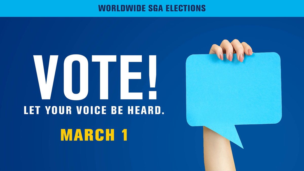 ERAUWorldwide's tweet photo. Make your voice count! Embry-Riddle Worldwide’s SGA election is coming up Tuesday, March 1, from midnight to 11:59 pm. To vote then, visit https://t.co/LRuFKgf4BE. Questions? Contact wwstugov@erau.edu #GoERAU #EmbryRiddleWorldwide #SGAelection https://t.co/FKv1qv0M0H