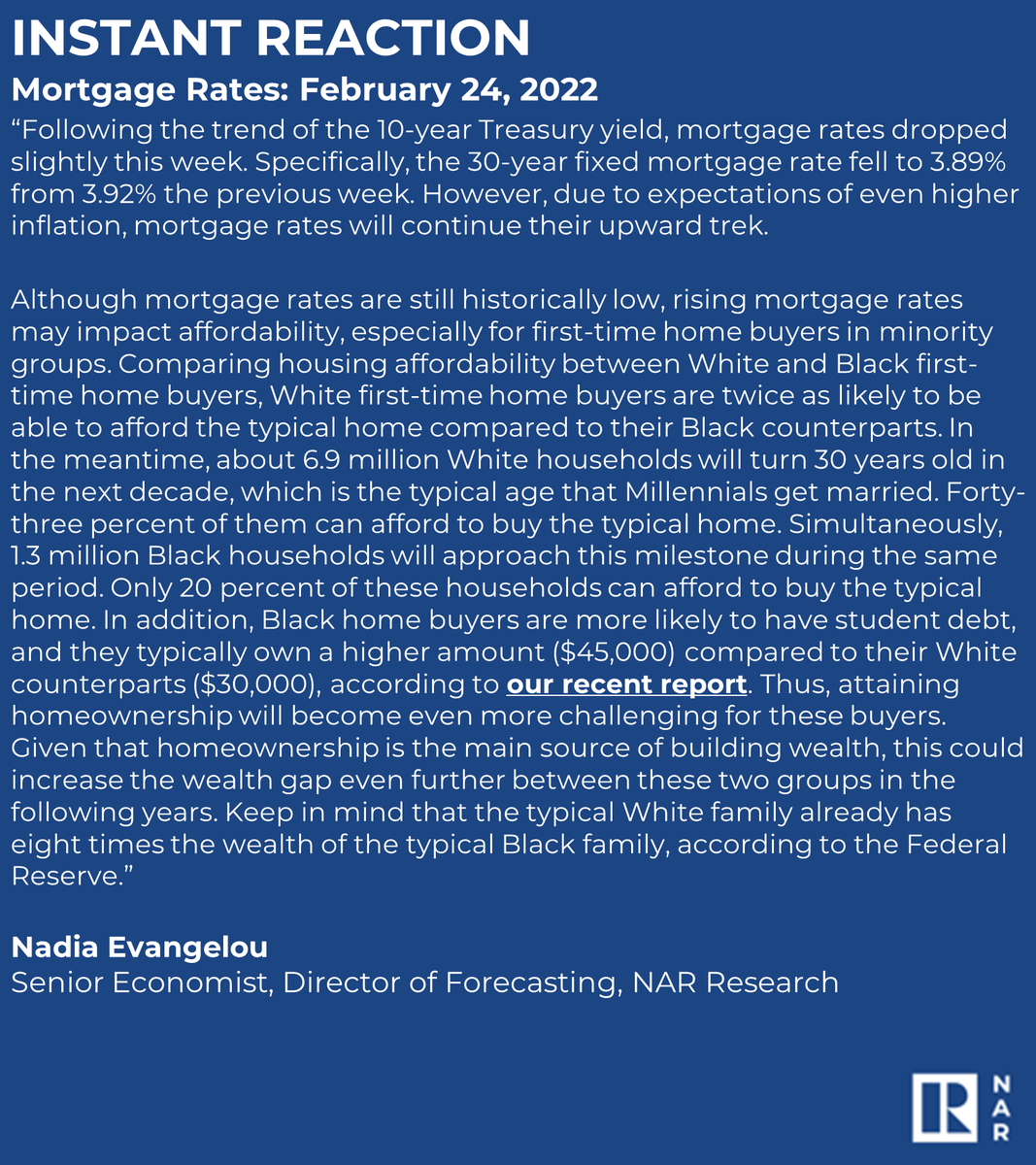 NAR_Research's tweet photo. Instant Reaction: Following the trend of the 10-year Treasury yield, mortgage rates dropped slightly this week. Specifically, the 30-year fixed mortgage rate fell to 3.89% from 3.92% the previous week. https://t.co/MJgNsxQlFk https://t.co/ffHUafL3nC