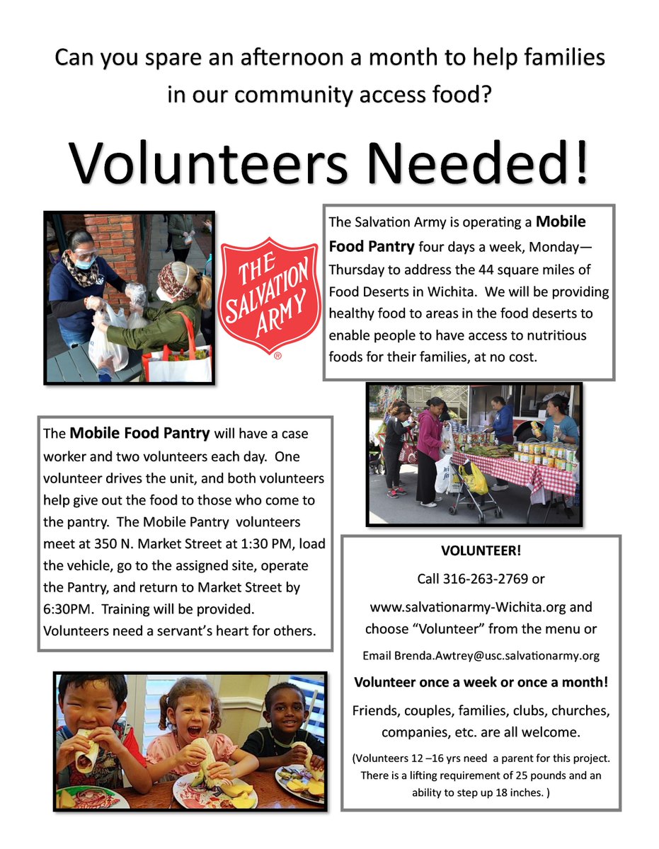 SedgwickCounty's tweet photo. The Salvation Army needs your help. It's looking for volunteers to help families in our community access food. The organization is operating a Mobile Food Pantry four days a week starting next week. https://t.co/NW3iHka7jr