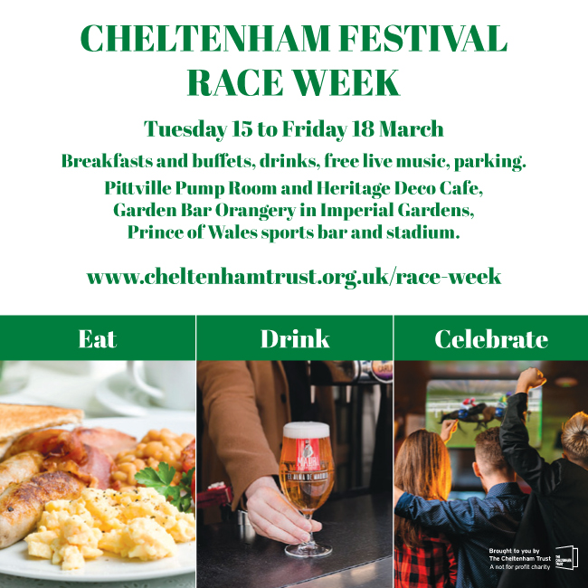 The Cheltenham Trust (@cheltenhamtrust) on Twitter photo Will your business be heading to the races for Cheltenham Festival? Book in your team for a pre-race breakfast <a href="/PumpRoomChelt/">Pittville Pump Room</a> or the Garden Bar orangery, and there’s post-racing food and entertainment too. Cheltenham Trust has events running all race week: cheltenhamtrust.org.uk/race-week/ Will your business be heading to the races for Cheltenham Festival? Book in your team for a pre-race breakfast <a href="/PumpRoomChelt/">Pittville Pump Room</a> or the Garden Bar orangery, and there’s post-racing food and entertainment too. Cheltenham Trust has events running all race week: cheltenhamtrust.org.uk/race-week/