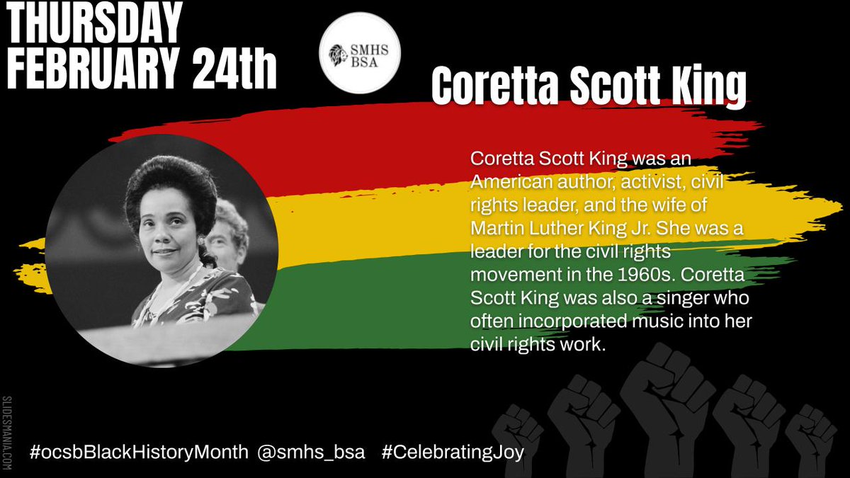 Today's <a href="/StMarkOCSB/">St. Mark High School</a> BSA person of the day is Coretta Scott King &amp; her varied and influential work for civil rights #ocsbBlackHistoryMonth