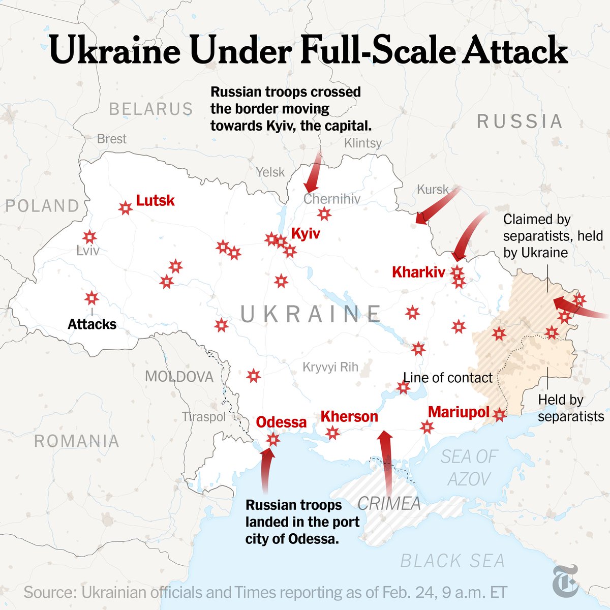 Russia's attack on Ukraine has hit major cities and airports across the country, with shelling in more than a dozen cities and towns, including outside the capital, Kyiv. nyti.ms/3hfQebg