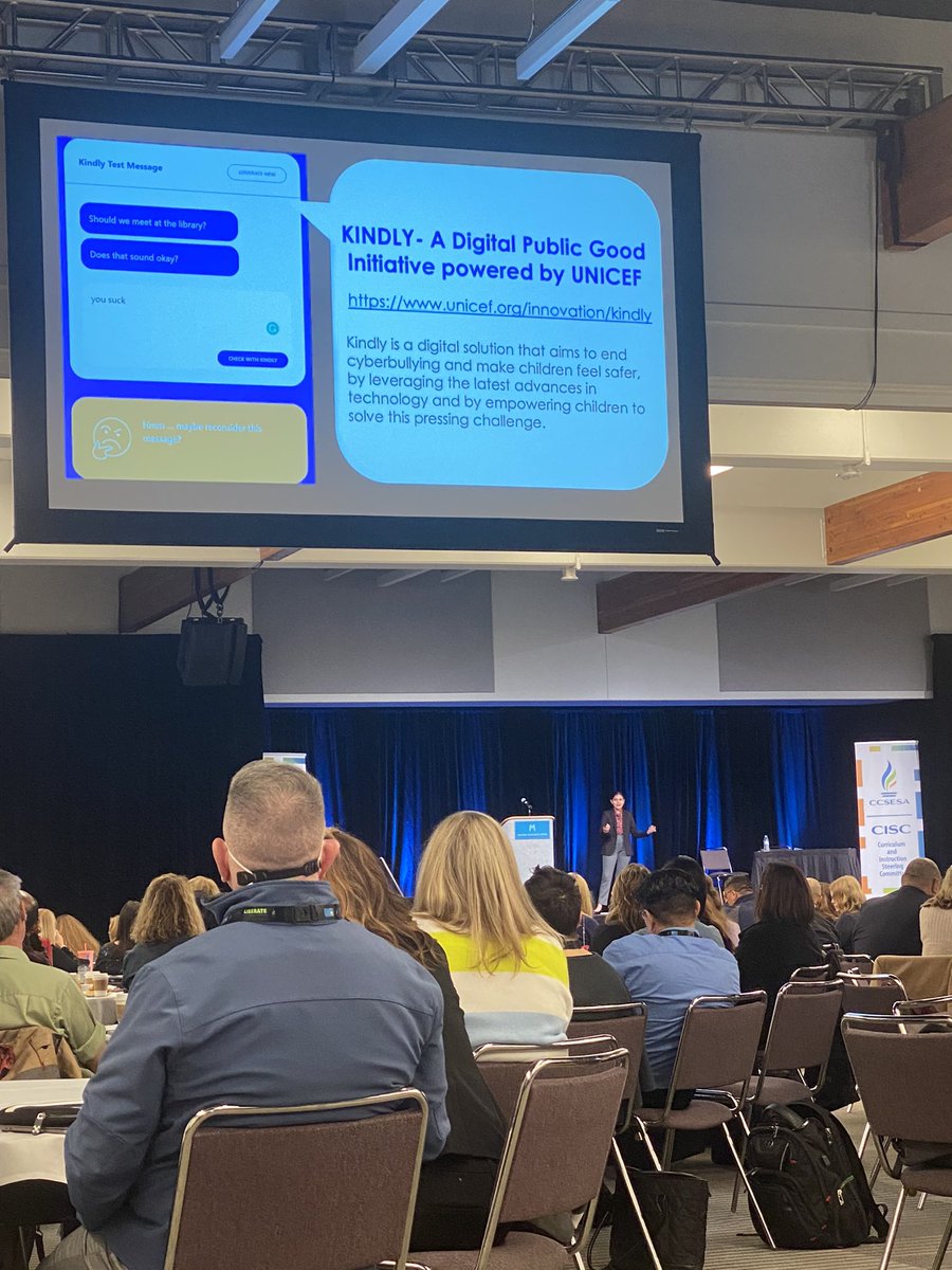 StephSumarna's tweet image. Talk about #techforgood - listening to the #CISC2022 keynote describe her app Kindly that prevents cyber bullying using AI. She’s 16 👏🏼👏🏼👏🏼