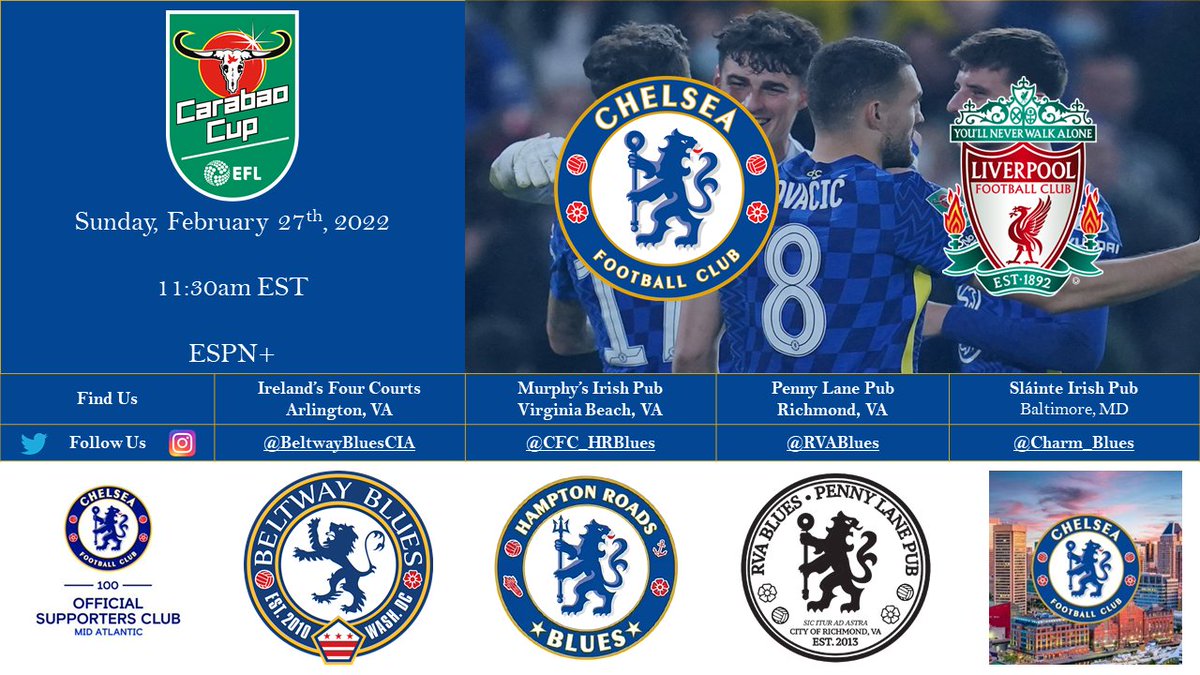 Another Chelsea match, another Cup final.

Join your Mid-Atlantic locals as Chelsea takes on the Scouse in the #EFLCup Final this weekend.

<a href="/BeltwayBluesCIA/">Beltway Blues</a> 
<a href="/Cfc_HRBlues/">Hampton Roads Blues</a> 
<a href="/RVABlues/">RVABlues</a> 
<a href="/charm_blues/">Charm City Blues ⭐️⭐️</a>