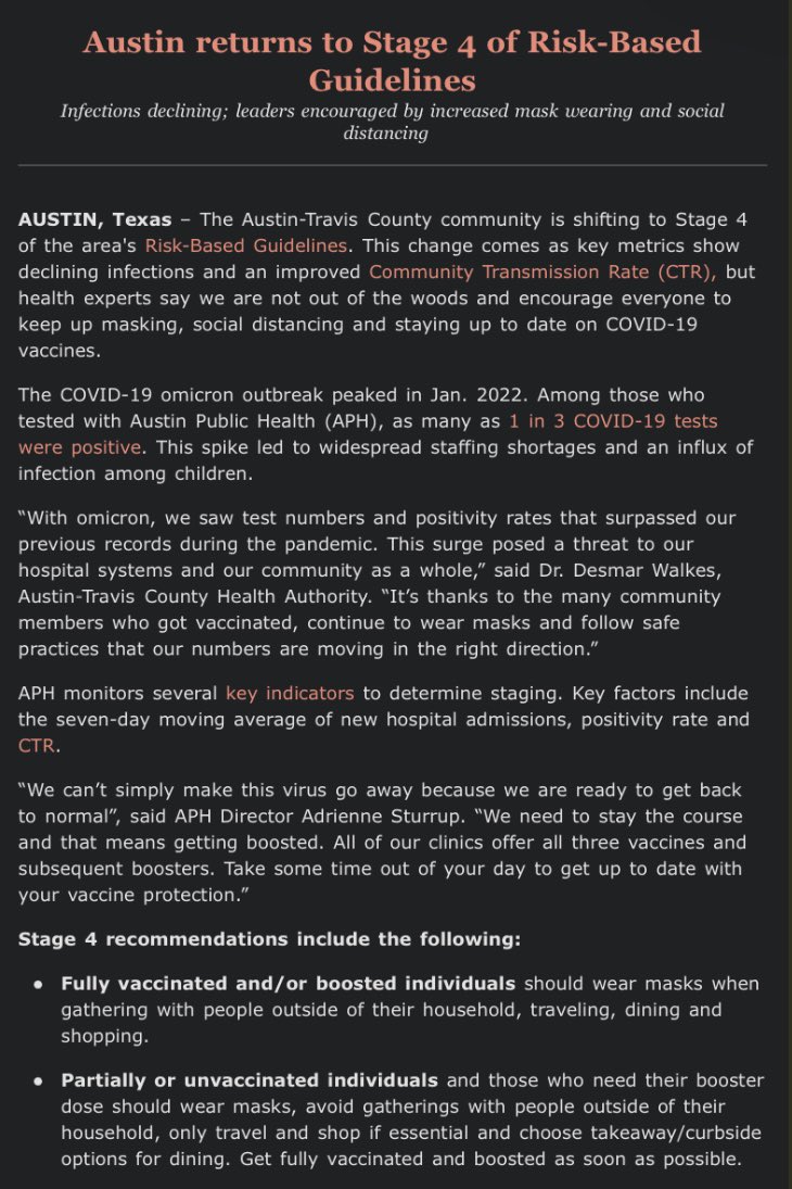 leisaidane's tweet photo. BREAKING: Austin-Travis County returns to Stage 4 COVID guidelines. Fully vaccinated &amp; boosted individuals are recommended to wear a mask when gathering outside their household.  @thedailytexan https://t.co/r7rsTFhYfq