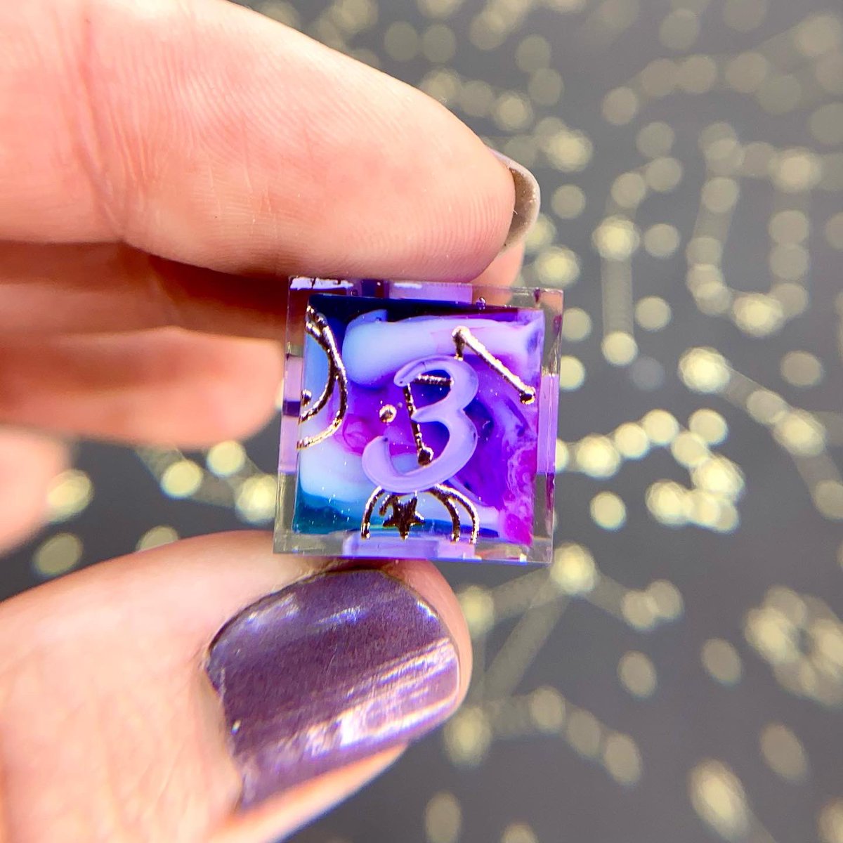 Dreamy_Dice's tweet image. “Dream Weaver” - A blue sky with a swirl of purple, white clouds, and champagne gold celestial decals 🥰