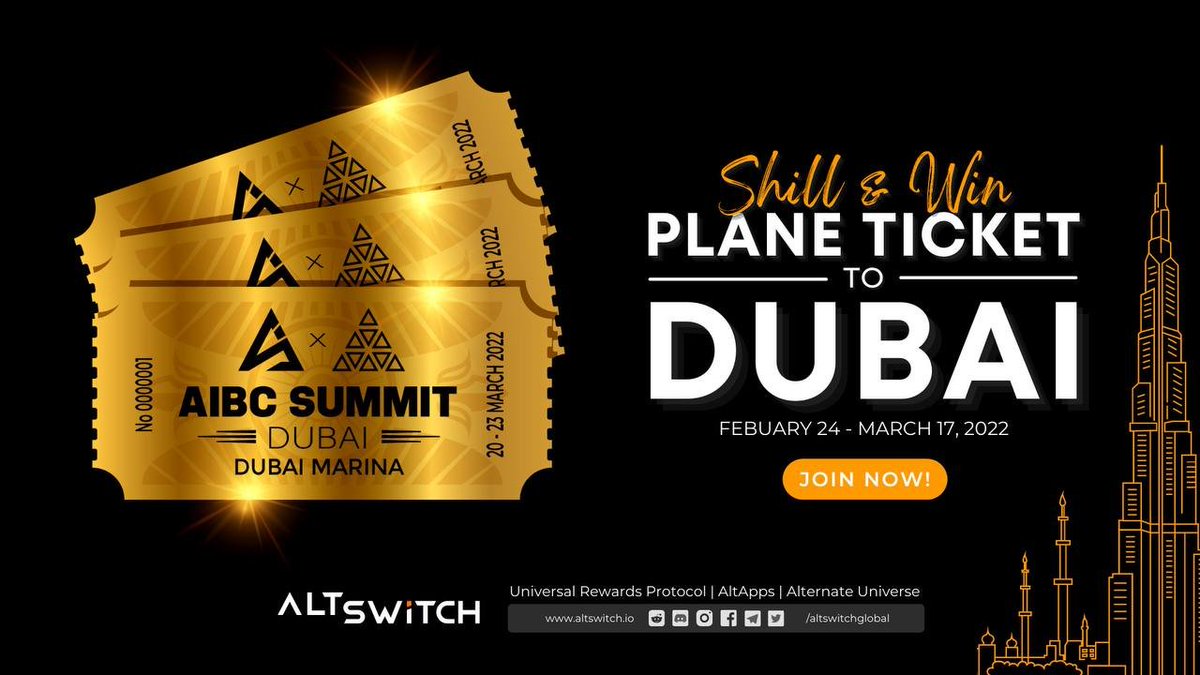CONTEST ANNOUNCEMENT 

Join our Twitter Shilling Competition Feb. 24, 4 PM UTC to Mar 17, 4 PM UTC. 

Prizes: 
1st: Roundtrip + Airbnb + AIBC Entrance Ticket
2nd: Roundtrip + AIBC Entrance Ticket 
3rd: AIBC Entrance Ticket

Details in our TG 👇
t.me/GlobalAltSwitch

#AltSwitch