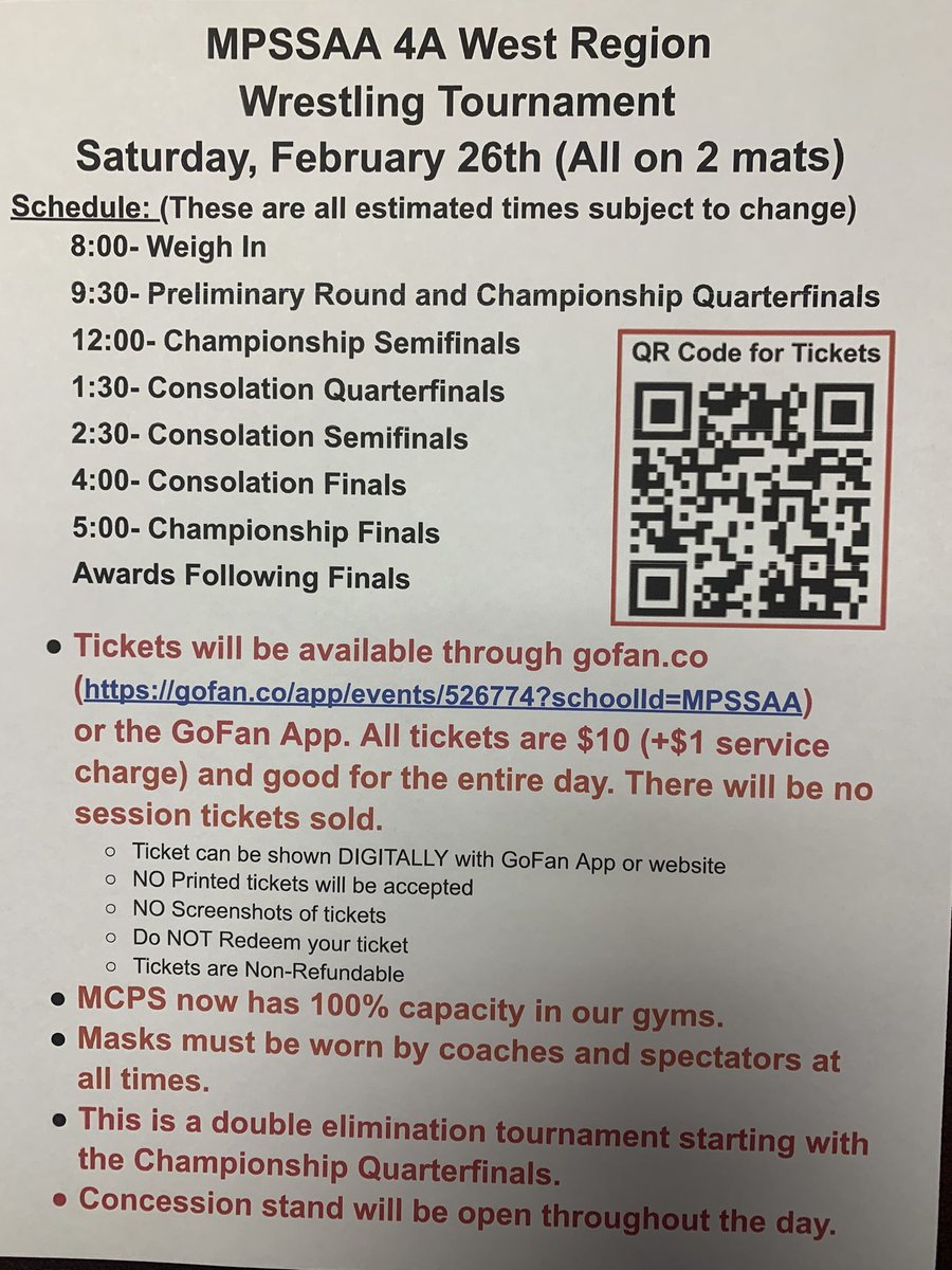 Quince Orchard is hosting the 4A West Region Wrestling Tourney on Saturday 2/26‼️

No MCPS or Season Passes are permitted. See the link to the flyer below here. bit.ly/QOEvent 

@QOHSPrin_Thomas <a href="/QOSportsNet/">QO Sports Network</a> <a href="/QOBoosters/">Quince Orchard Boosters</a> <a href="/QoWrestling/">QO Wrestling</a>