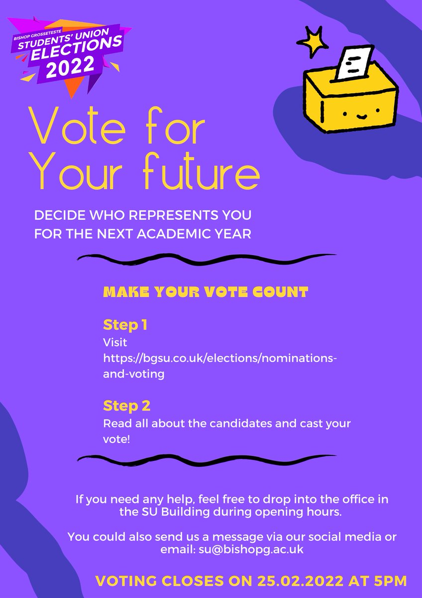 🗳️ EVERY VOTE MATTERS 🗳️ 

This impacts your BGU experience, make every vote count!

With 2 hours to go till voting closes, head to bgsu.co.uk/elections. Choose your candidates, ranking them in order of preference