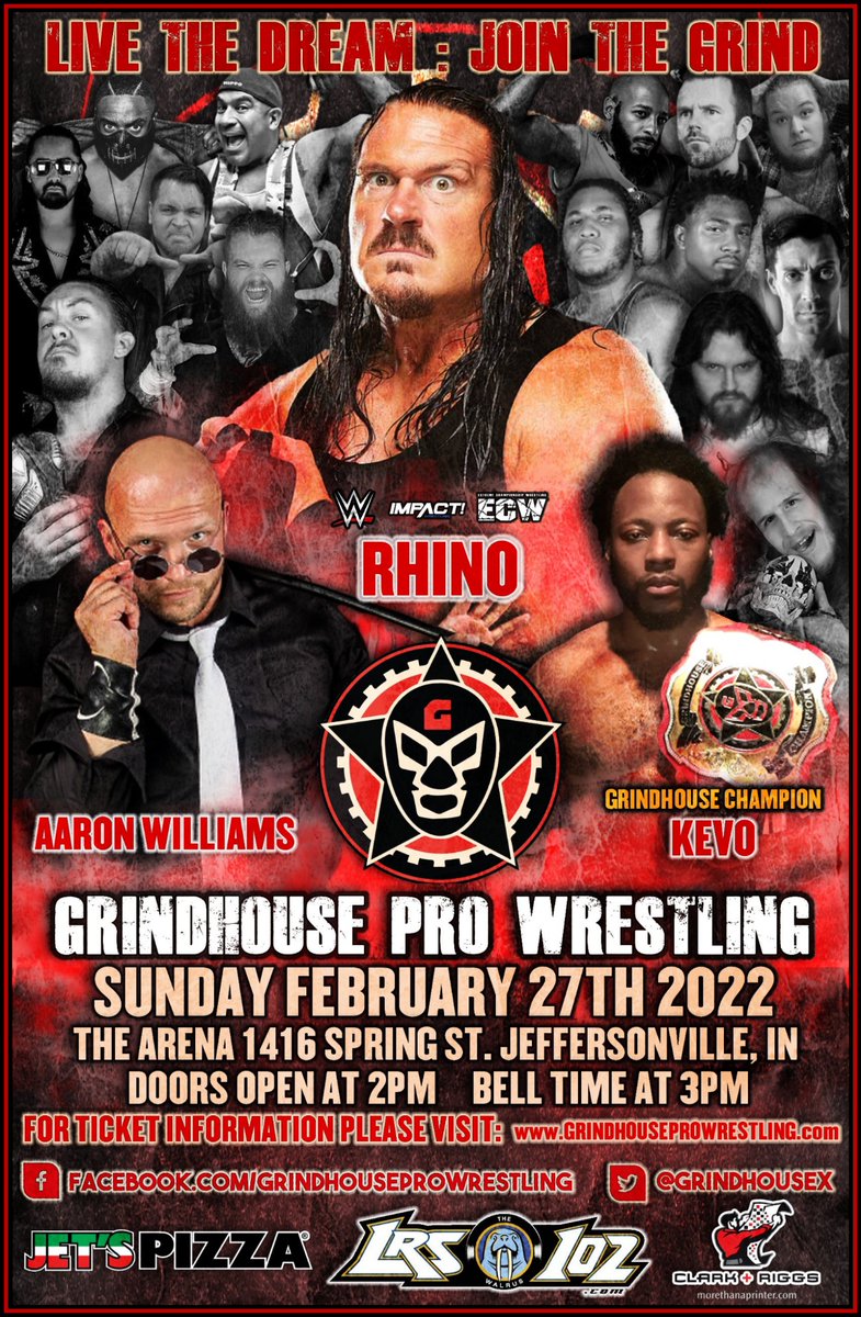 This Sunday February 27th Grindhouse Pro Wrestling present: Return of Rhyno! Tickets are only $10! Come see the hottest, family friendly event in the area! For tickets online, visit Grindhouseprowrestling.com or itickets.com/register/new/4…. And as always, Live the Dream, Join the Grind!