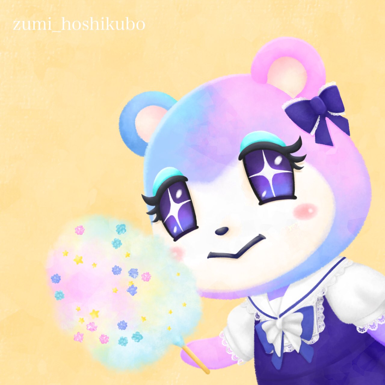ずみ もぐもぐイラスト ラストはみすずちゃんとわたあめです 最近のわたあめはデコられている物もあると知って 金平糖を乗せてみました シンプルでも可愛かったかな みすずちゃん塗るの楽しかったです あつ森美術部 どう森美術部 T Co