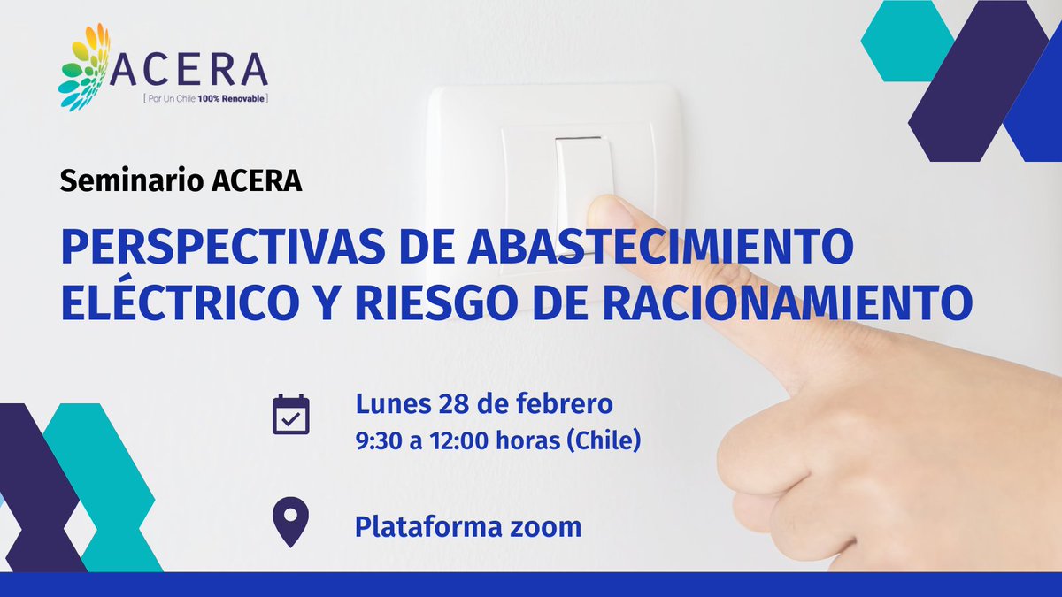 ACERAAG's tweet photo. 28 de febrero - 9:30 horas (Chile) 📆No te pierdas el #SeminarioACERA "Perspectivas de Abastecimiento Eléctrico y Riesgo de Racionamiento" que contará con destacados panelistas y expositores 🙌No te quedes fuera de esta relevante discusión ¡Inscríbete! ▶️https://t.co/goHKbGhaka https://t.co/7Lu26Hq5pi