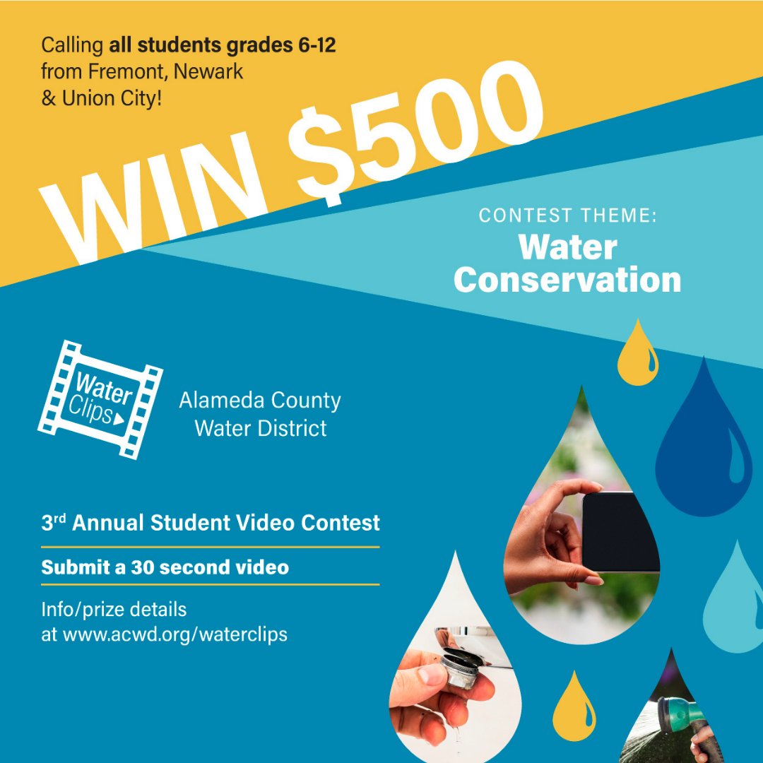 AlamedaCountyWD's tweet photo. The deadline is March 25th to enter into our 3rd Annual Student Video Contest! Tri-City students grades 6-12 can enter to win $500 by submitting a 30-second video on water conservation. Don't miss out on this exciting opportunity! Go to https://t.co/jLbDbjg8Uk
#WaterClips2022
5w https://t.co/rVRfoJcpWZ