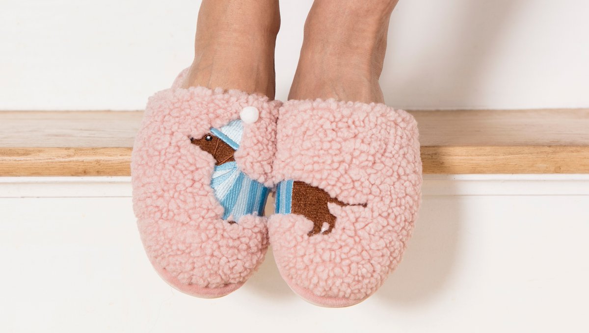 Memoi's tweet photo. What's cuter than a dachshund? Our Plush Dachshund Slippers featuring a cute pup in a winter beanie 🥰 https://t.co/GzKcJNDVvT