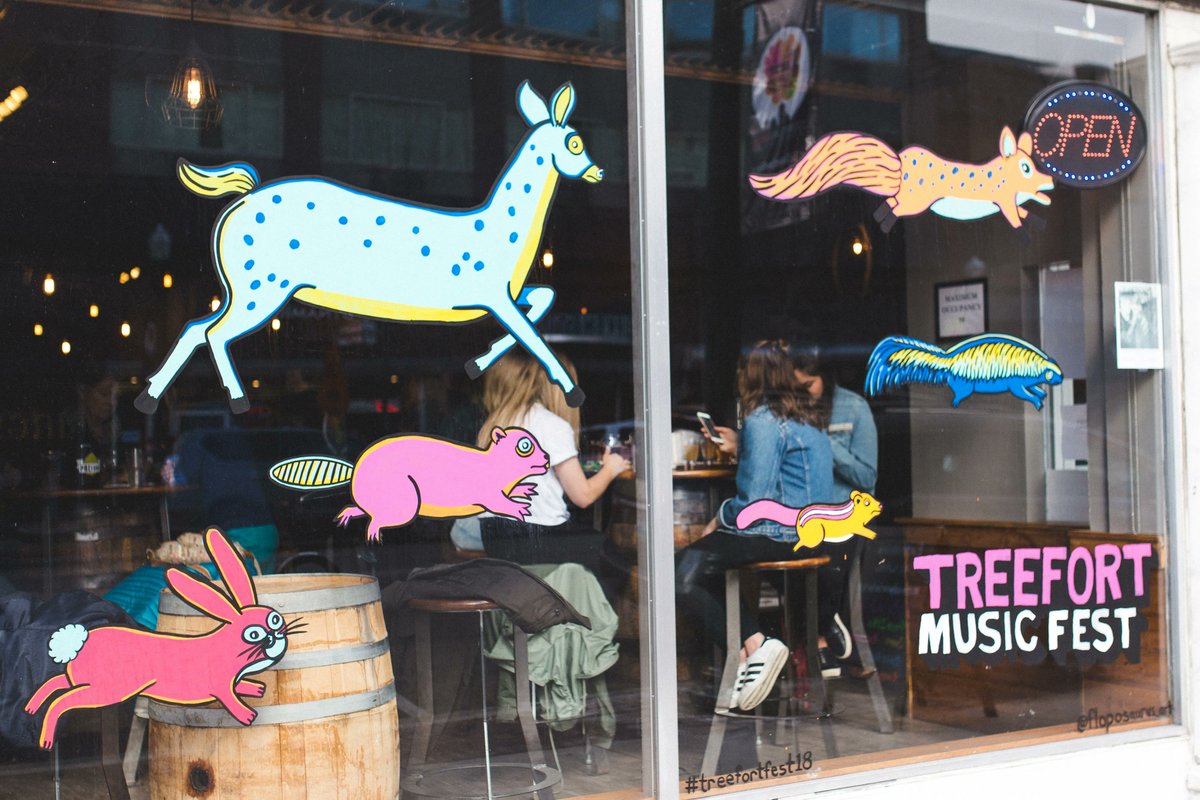 treefortfest's tweet photo. Treefort Music Fest is in the air and on the windows 🔜 🧡
Join us next for a First Thursday Window Walk (3/3/22) and explore the 30+ windows in downtown Boise all decked out in Treefort inspired art 🖌 https://t.co/cJ25QNstjB https://t.co/OvxYGWghVD