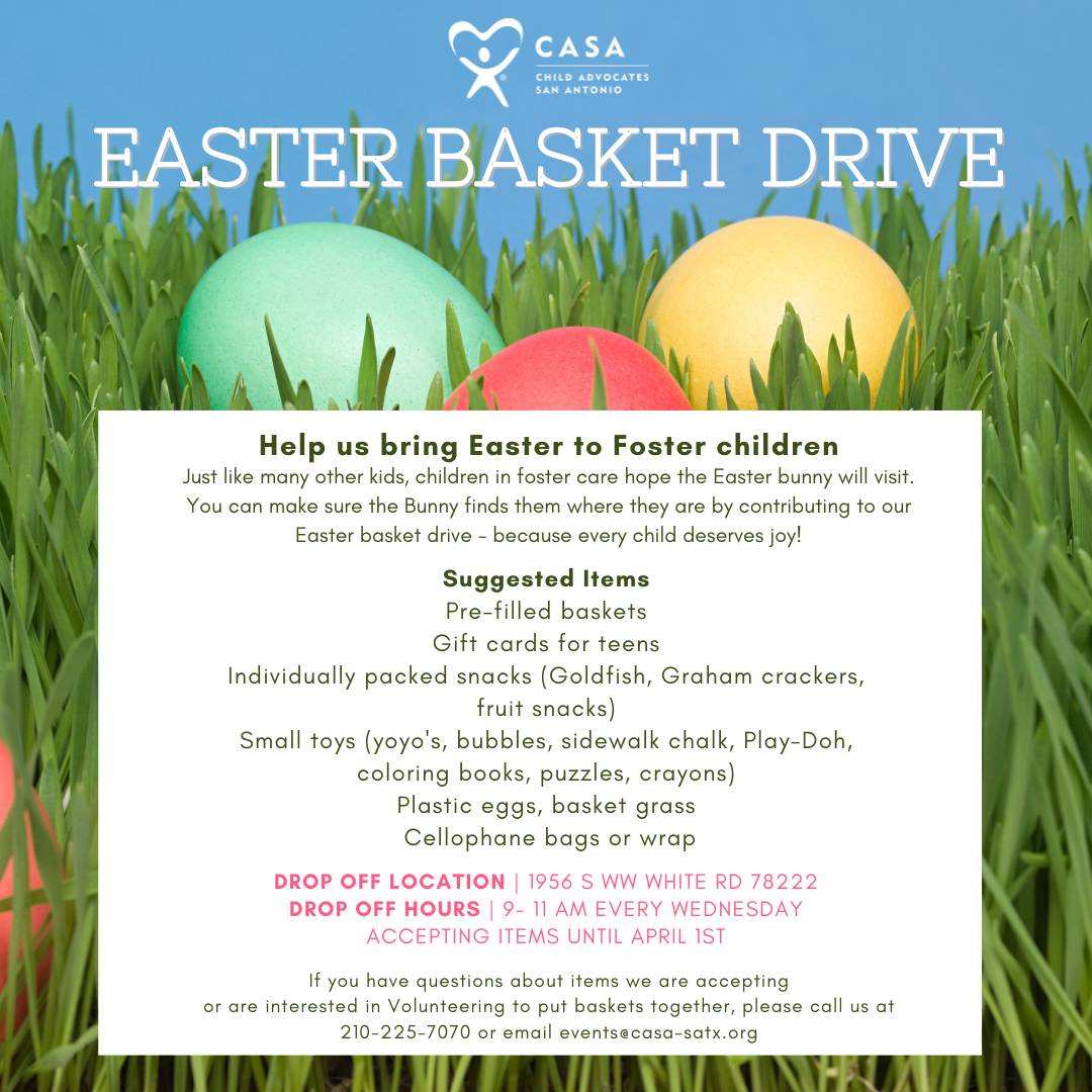 CASA_SATX's tweet image. Attention 📣 we need your help collecting Easter Baskets for children in the child welfare system. If you would like to donate but cannot donate in-person, please consider ordering from our Amazon wish list: a.co/cCaRLy7

#SupportCASA #casasatx #Easter #donation #satx