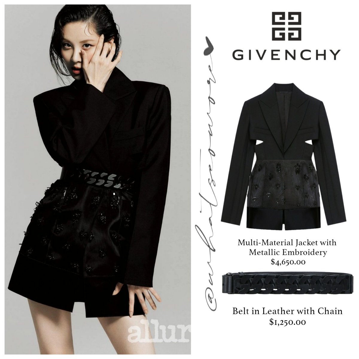 whatseowore's tweet photo. ALL FROM GIVENCHY

• Multi-Material Jacket with Metallic Embroidery, $4,650.00.

• Belt in Leather with Chain, $1,250.00.

As seen on March Issue of Allure Korea.

#whatseowore #seohyun #서현 ​#서주현 https://t.co/VhlN2futjv
