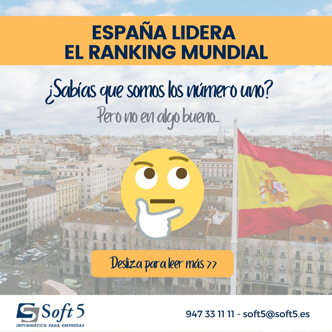 Soft5SL's tweet photo. 🇪🇸 España es el número uno del mundo, pero no por nada bueno. ¿Sabías que lideramos los ataques cibernéticos?🤔 Os compartimos algunos datos de la situación actual.
 #españa #numero1 #ranking #ciberseguridad #phishing #ataques #robodedatos #delitosinformaticos #internet https://t.co/hz3ZilLown