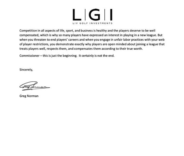 Daniel_Rapaport's tweet image. I mean, holy hell. 

Greg Norman sent this letter to PGA Tour commissioner Jay Monahan. 

“This is just the beginning. It is certainly not the end.”