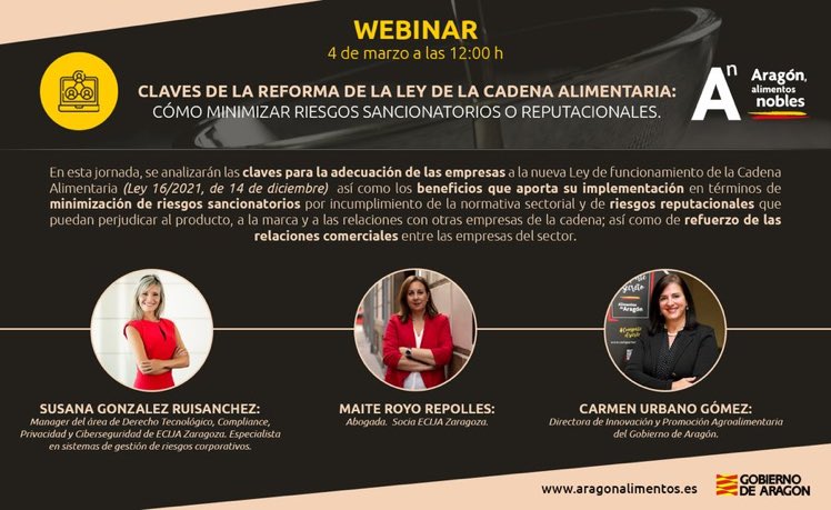 A empresas y profesionales del sector agroalimentario os invito a este webinar que hemos organizado junto con <a href="/aragonalimentos/">Aragón Alimentos</a>, en el que hablaremos de las novedades de la nueva Ley de la Cadena Alimentaria de la mano de <a href="/carmenurbano/">Carmen Urbano</a> y <a href="/SuDigitalLawyer/">Susana González R 🇪🇸</a>