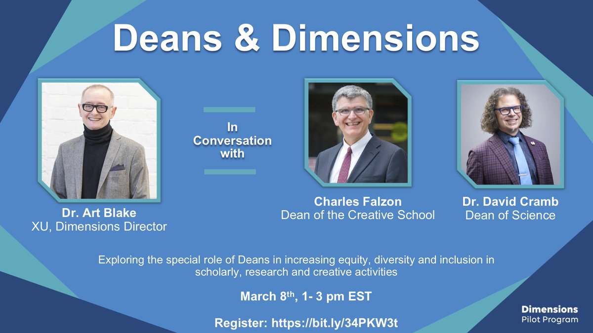 On March 8, join <a href="/RyersonU/">Ryerson University</a> Dimensions Director <a href="/ArtMBlake/">gone</a> for a virtual conversation with <a href="/RyersonSci/">RyersonSci</a> Dean David Cramb (<a href="/notflyindyin/">David Cramb</a>) and <a href="/thecreativeschl/">The Creative School</a> Dean <a href="/CharlesFalzon1/">Charles Falzon</a> on the meeting point between EDI and SRC activities. Register here: bit.ly/3s5bsyv
