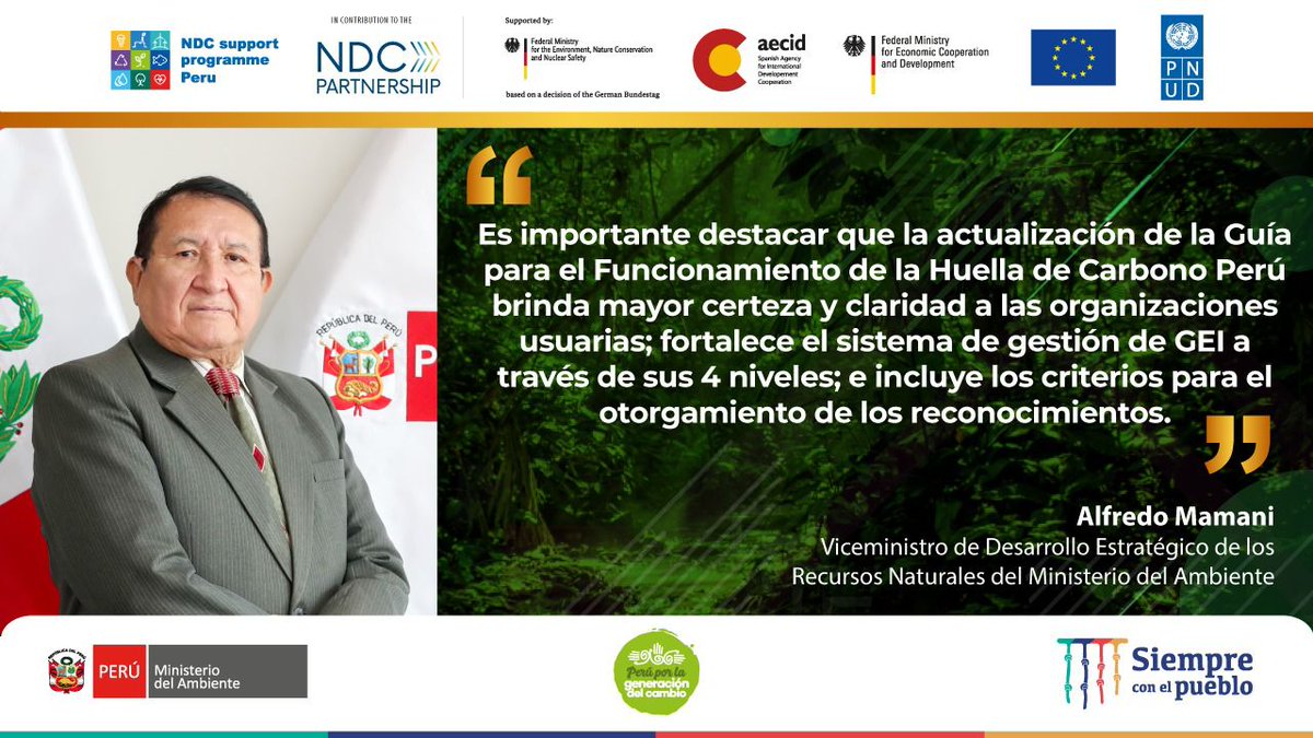 MinamPeru's tweet photo. 📣 El viceministro @Alfredomamani_ hizo un llamado para acelerar la #AcciónClimática y destacó que este año continuarán los talleres para conocer aún más la Guía para el Funcionamiento de la #HuelladeCarbonoPerú, disponible aquí: https://t.co/MtpFhqlFJr

#PerúGeneraciónDelCambio https://t.co/4XSzDQwSbB