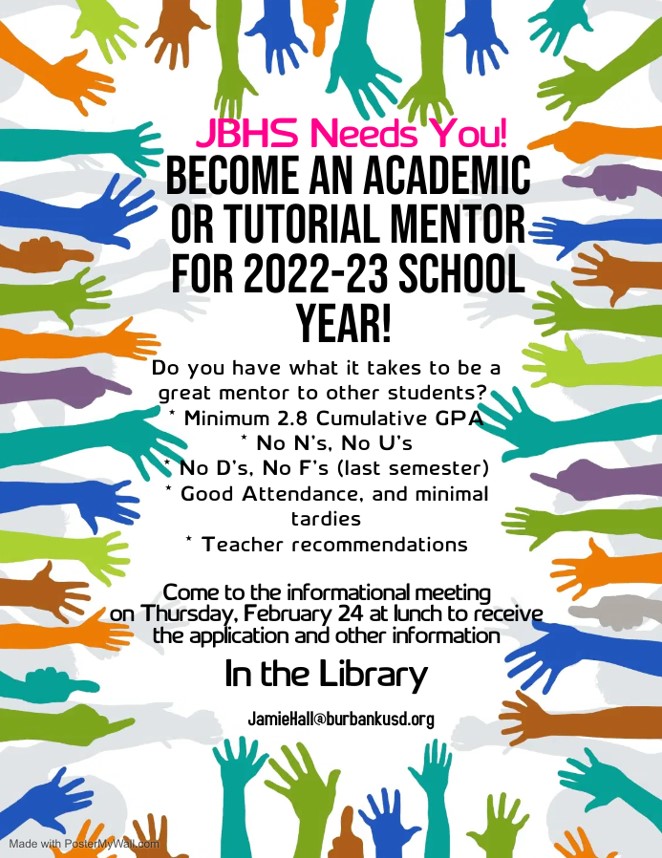 JBHSGuidance's tweet photo. Attend an informational meeting TODAY at lunch to become an Academic Mentor next year! https://t.co/CEZYfvvghB