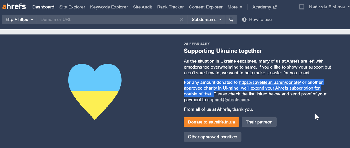 LivingOffCloud's tweet photo. Ahrefs today 💙💛✊👍 I have donated and sent the proof of payment. I am now waiting for their reply. 
BTW I would have donated anyway - they just made it easier by providing trustworthy links 👍 #nowar #HandsOffUkraine https://t.co/RQ6rUkMKIA