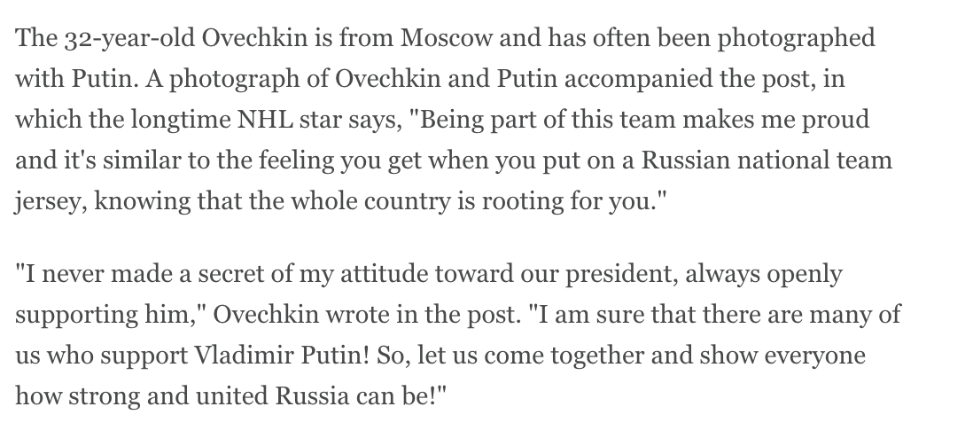 wyshynski's tweet photo. Seeing a lot of "Ovechkin shouldn't have to answer questions about Putin" and that's ridiculous. He campaigned for him. He's always tried to have it both ways by being a hype man for Putin but claiming it's not political. It is absolutely fair to ask him about Ukraine. https://t.co/1i4odOTnvw