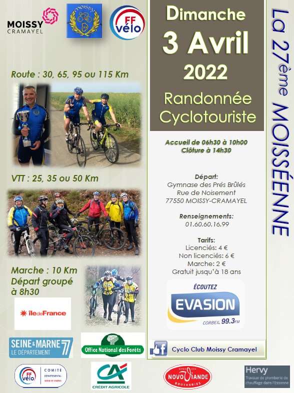 CycloClubMoissy's tweet photo. @grandparissud 🗓 Info calendrier:
Le Cyclo Club de Moissy à le plaisir de vous annoncer la date de la 27ème Moisséenne (Randonnée vélo route et VTT). Celle-ci aura lieu le 3 avril.
Sportivement, le CCM.
https://t.co/r2KxzKub1u
Merci de relayer l’info sur votre page 😄 https://t.co/KWwgkPz0dw