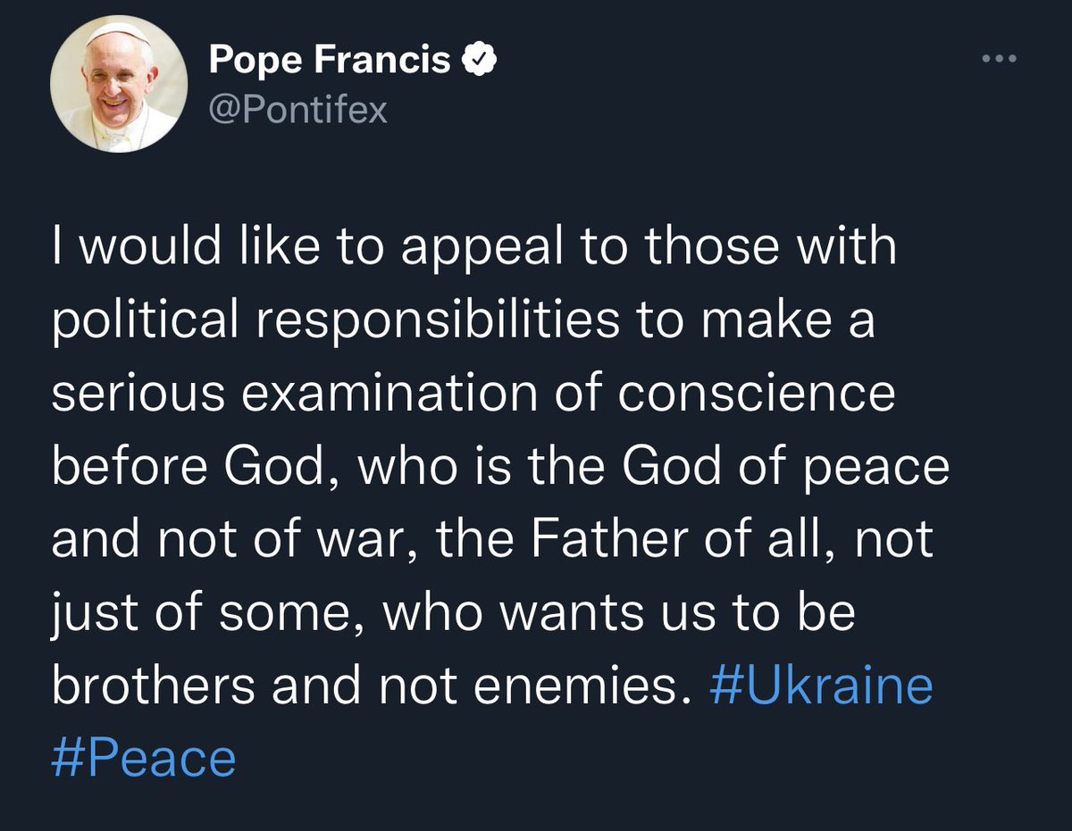 sp_centerstage's tweet photo. Centerstage stands with Pope Francis and the people of Ukraine and all those who will innocently experience the horrors of war. In all of our work, we aim to be a force of peace and light through art and friendship and family. https://t.co/aYkAdl1h7C