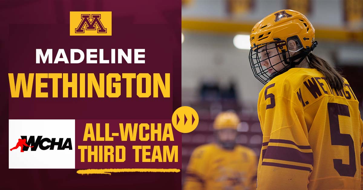 Back-to-Back years on an All-WCHA Team for No. 5⃣

<a href="/mwethington5/">Madeline Wethington</a> has recorded a career-high 23 points and eight goals in her junior season. She was also second in the nation in +/- rating with a plus-40 rating!

Congratulations, Madeline Wethington!

📰: z.umn.edu/7j24