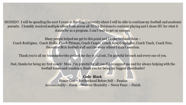 Committed!!! 🦬 #HonorGod #CodeBlack <a href="/JonasRodriguez/">Jonas Rodriguez</a> <a href="/ltribb3/">Luke Tribble</a> <a href="/PaulSimmonsHU/">Paul Simmons</a> <a href="/Coach_Casper/">Coach Casey Casper</a> @CoachSidders @PJTusch1 <a href="/FootballBga/">BGA Football</a> <a href="/_CoachRodriguez/">Ricky Rodriguez</a> <a href="/Freefitness27/">Two-Seven Health</a>  <a href="/Harding_FB/">Harding Football</a>